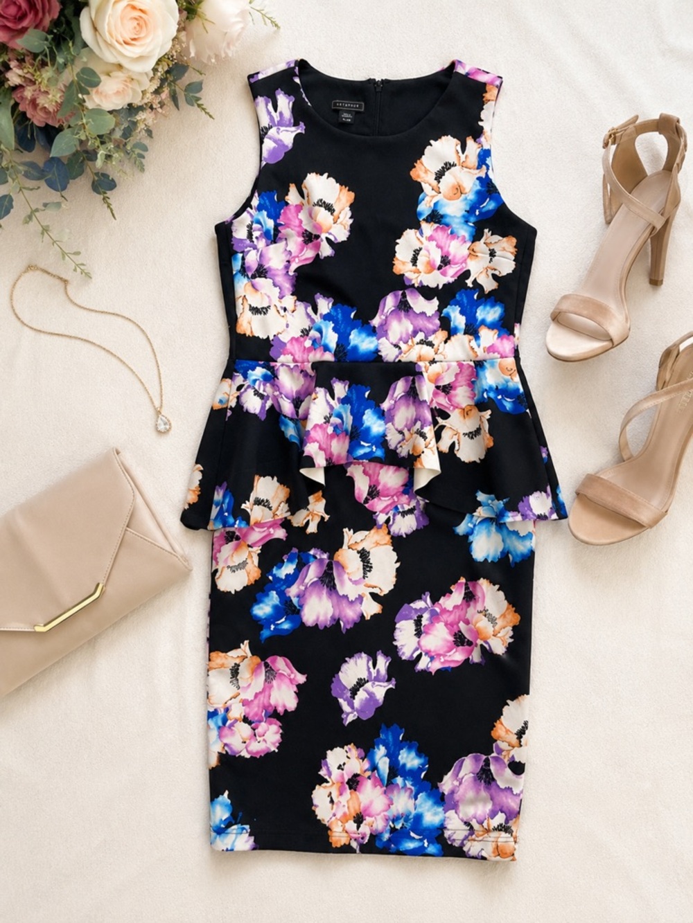 Metaphor Floral Peplum Sheath Dress XL Wedding Guest Cocktail Knee Length